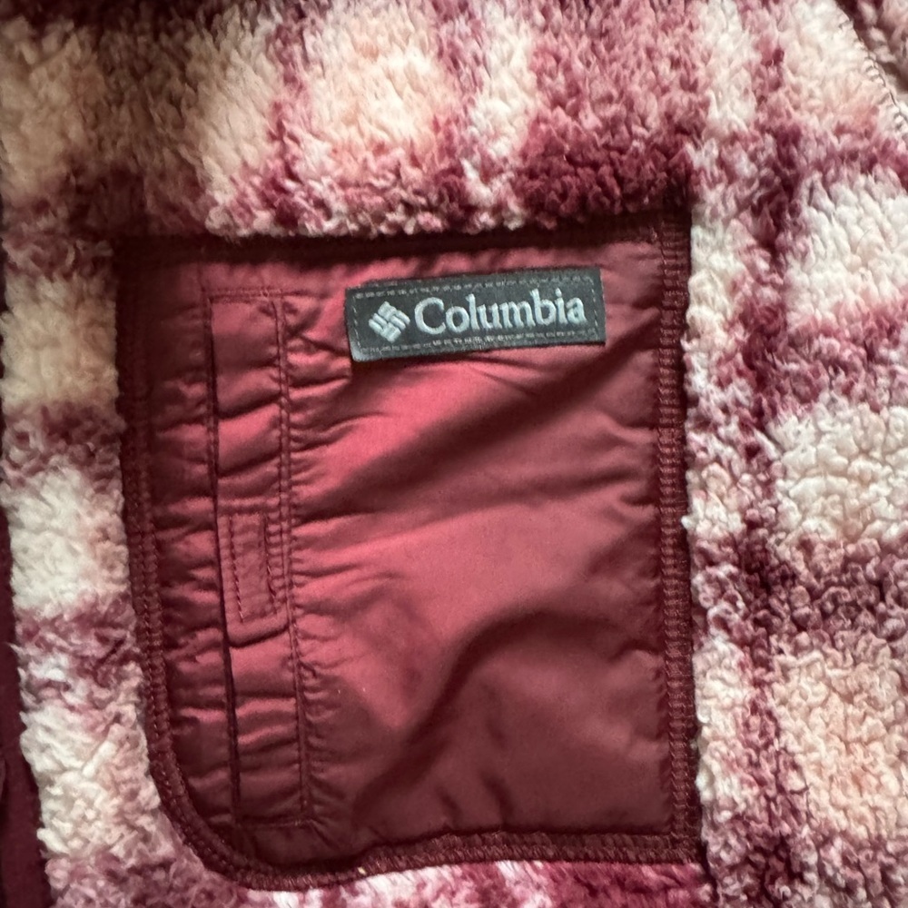 Columbia  Burgundy and Light Pink Plaid Fleece Puffer Jacket - Picture 4 of 5